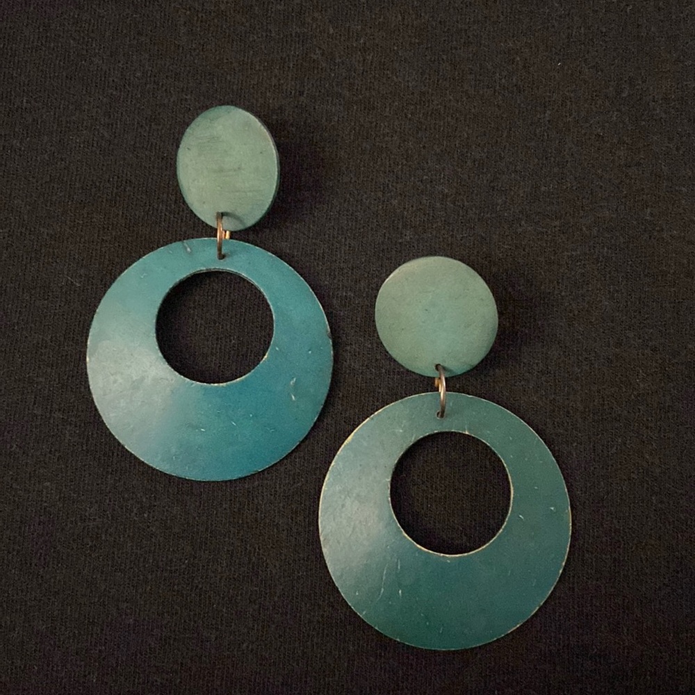 Vintage Worn African Blue Circular Lightweight Thin Wood Earrings